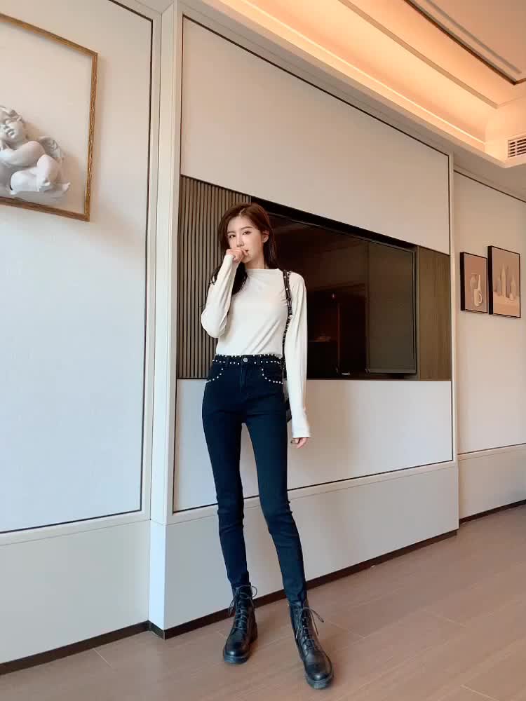 淘宝直播薇娅同款实拍现货黑色牛仔裤女休闲裤2019新款钉珠小脚裤